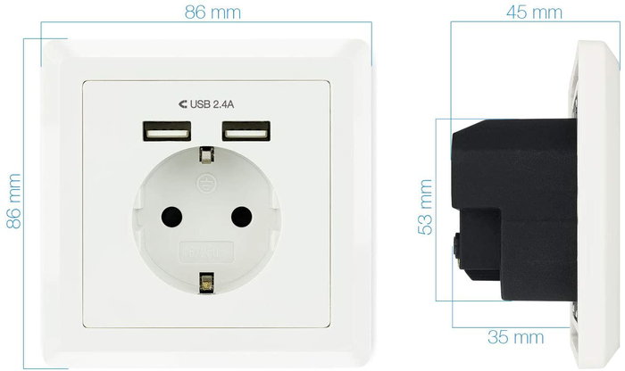 Nanocable Base de enchufe de pared Schuko con 2 puertos USB, blanco